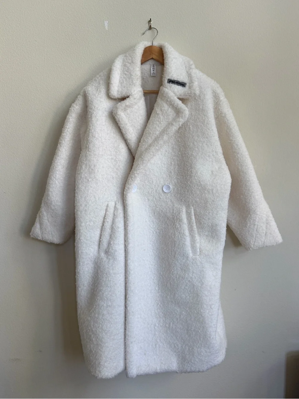 STAX Official Oversized Teddy Coat Long Faux Fur Sherpa Jacket White Cream XS